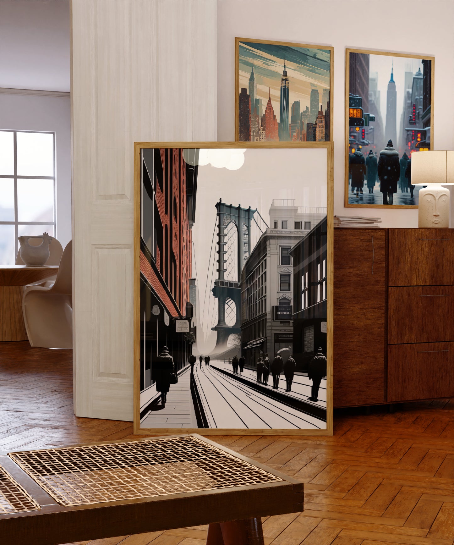 "Manhattan Bridge line art poster – iconic Brooklyn street illustration, minimalist digital PDF wall art download"