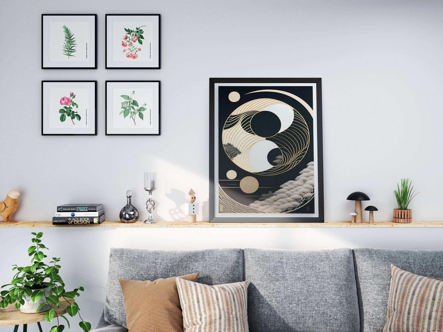 "Elegant gold wave Yin-Yang design symbolizing balance and harmony – luxury digital wall art download"