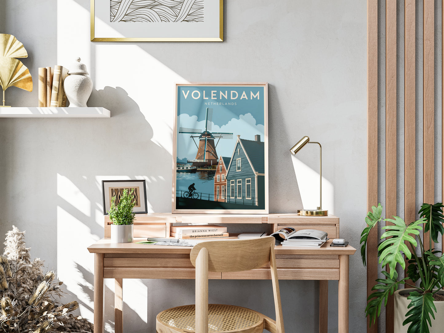 "Iconic Dutch windmills in Volendam, Netherlands – wall art poster for home and office decor"