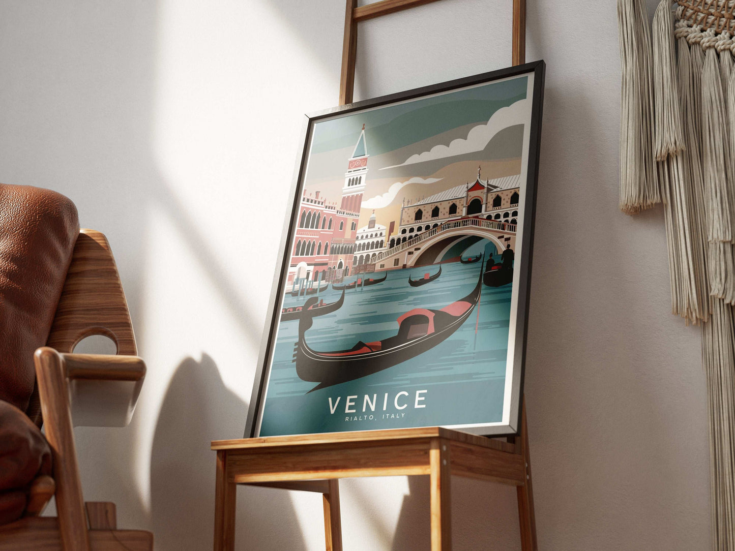 Venice Rialto Bridge wall art – gondola travel scene printable retro poster