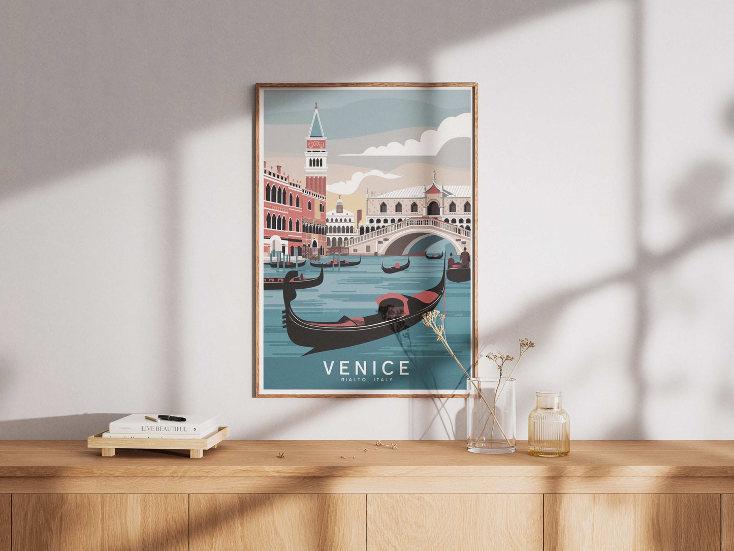 Venice Rialto Bridge wall art – gondola travel scene printable retro poster