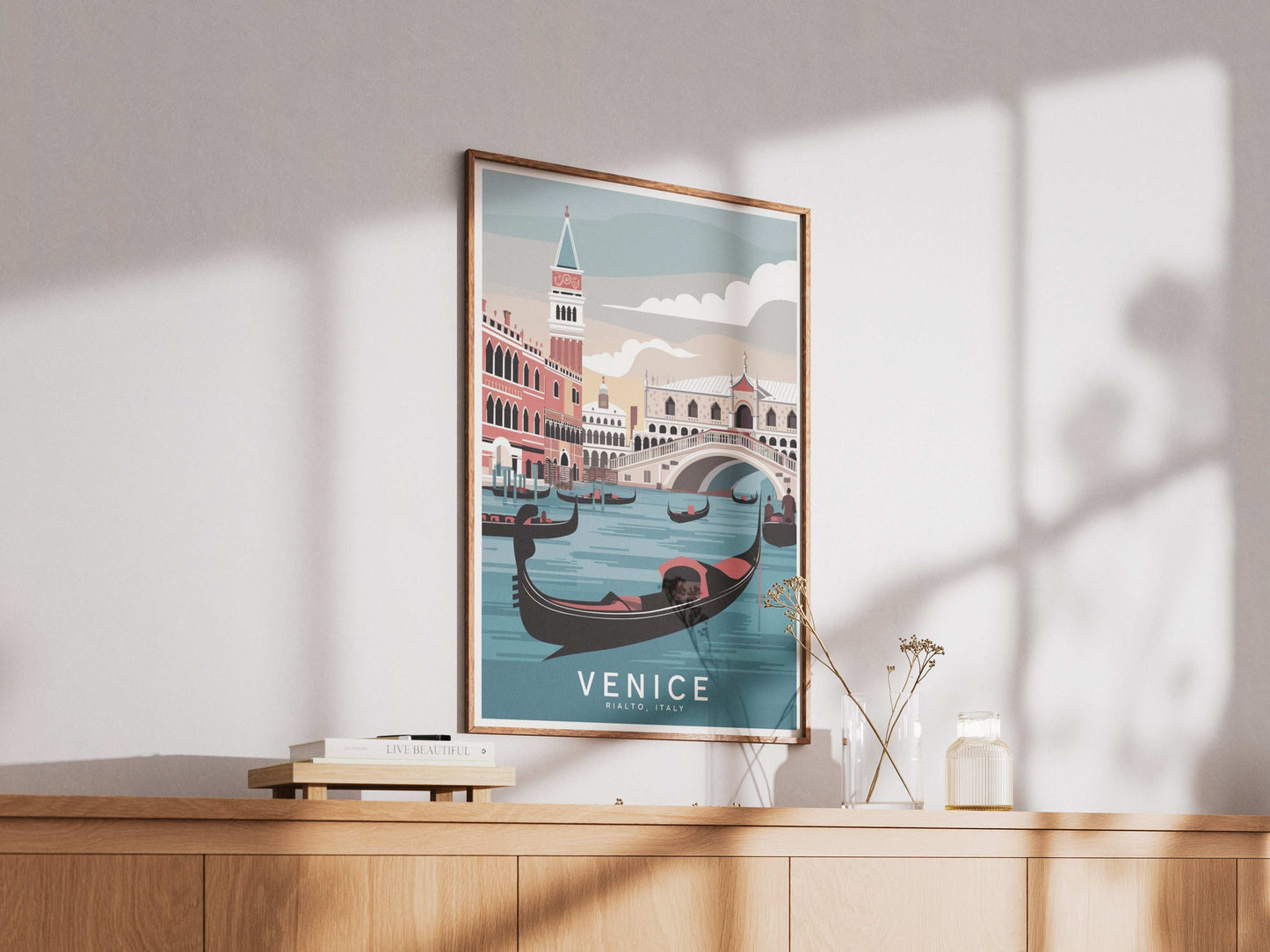 Venice Rialto Bridge wall art – gondola travel scene printable retro poster