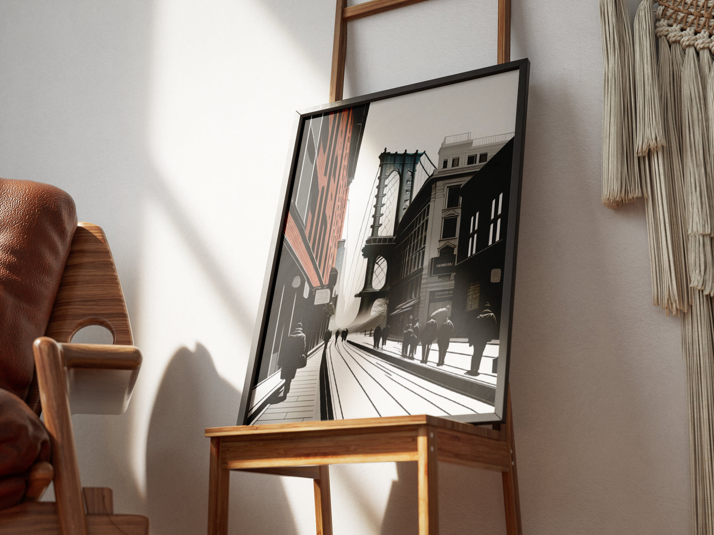 "Manhattan Bridge line art poster – iconic Brooklyn street illustration, minimalist digital PDF wall art download"