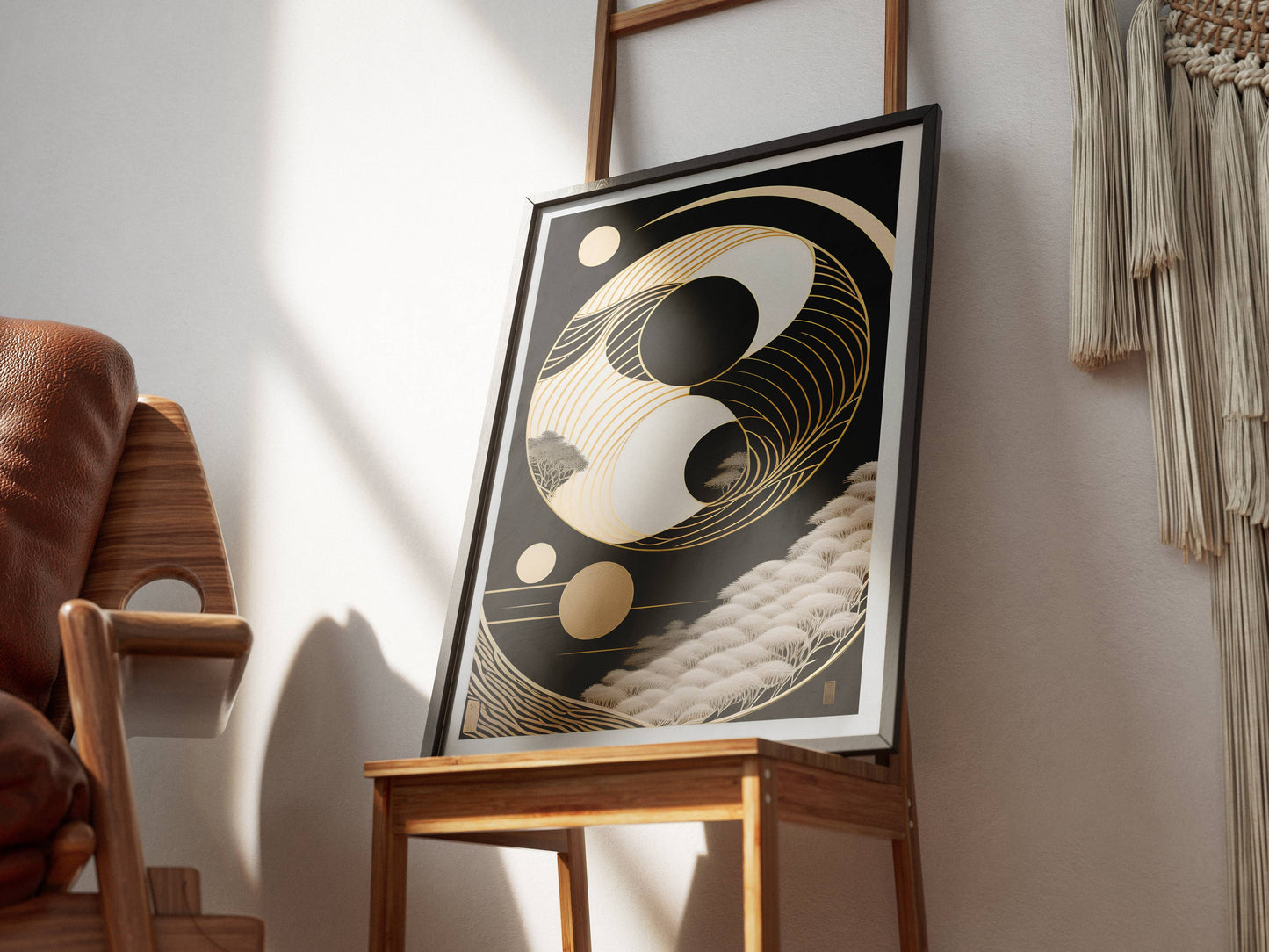 "Elegant gold wave Yin-Yang design symbolizing balance and harmony – luxury digital wall art download"