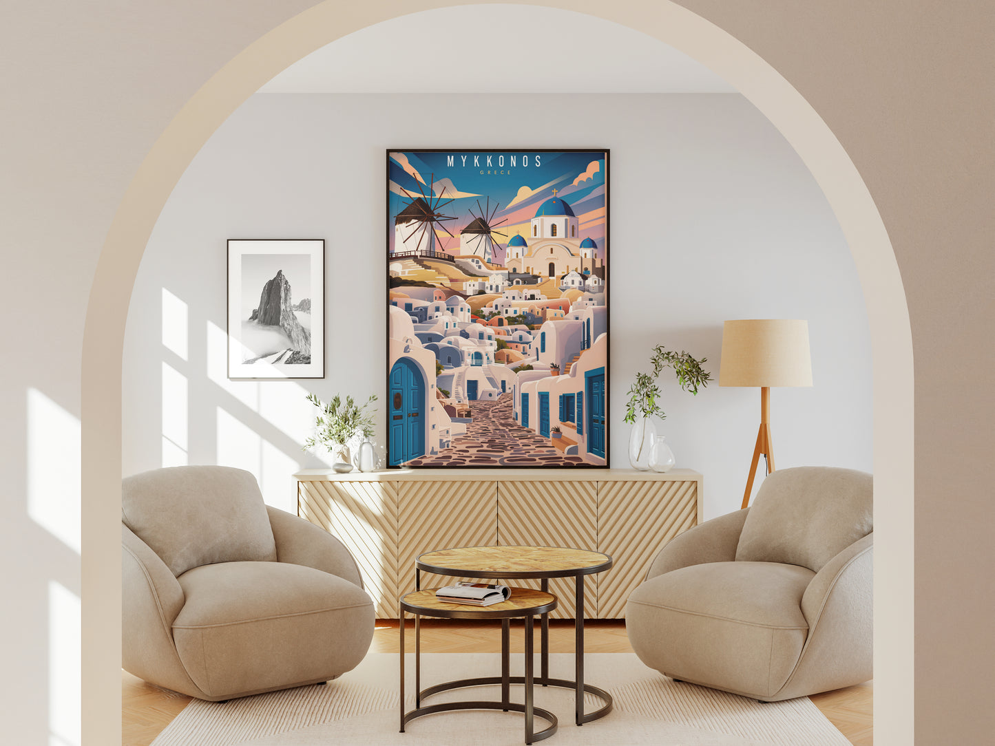 "Iconic windmills and blue domes in Mykonos, Greece – Mediterranean travel wall art download"