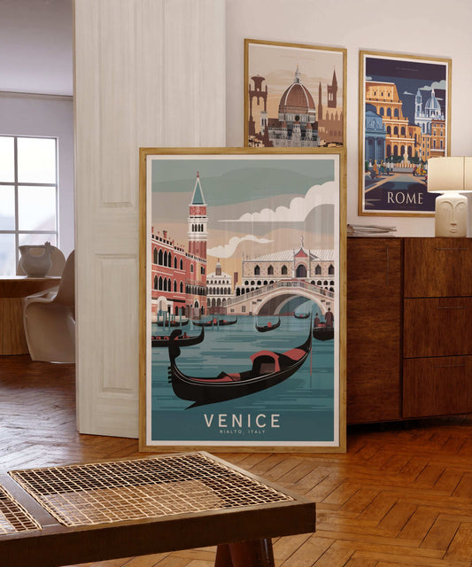 Venice Rialto Bridge wall art – gondola travel scene printable retro poster


