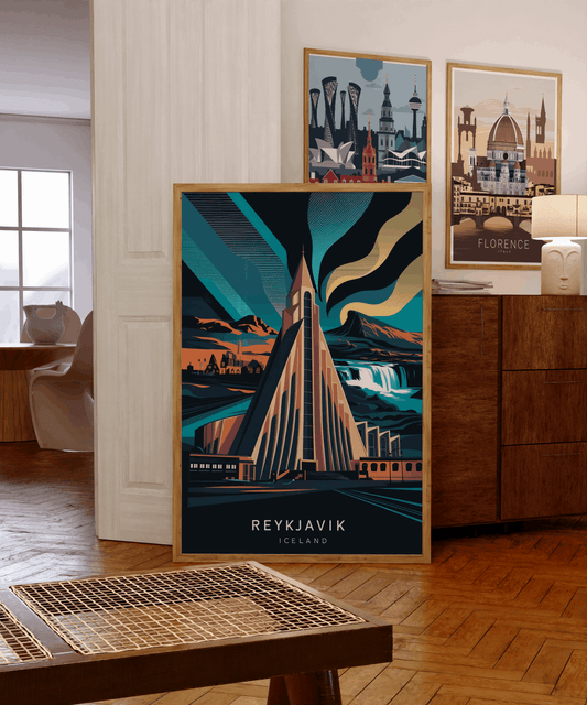 Reykjavik Iceland poster – northern lights scenic digital vintage wall print


