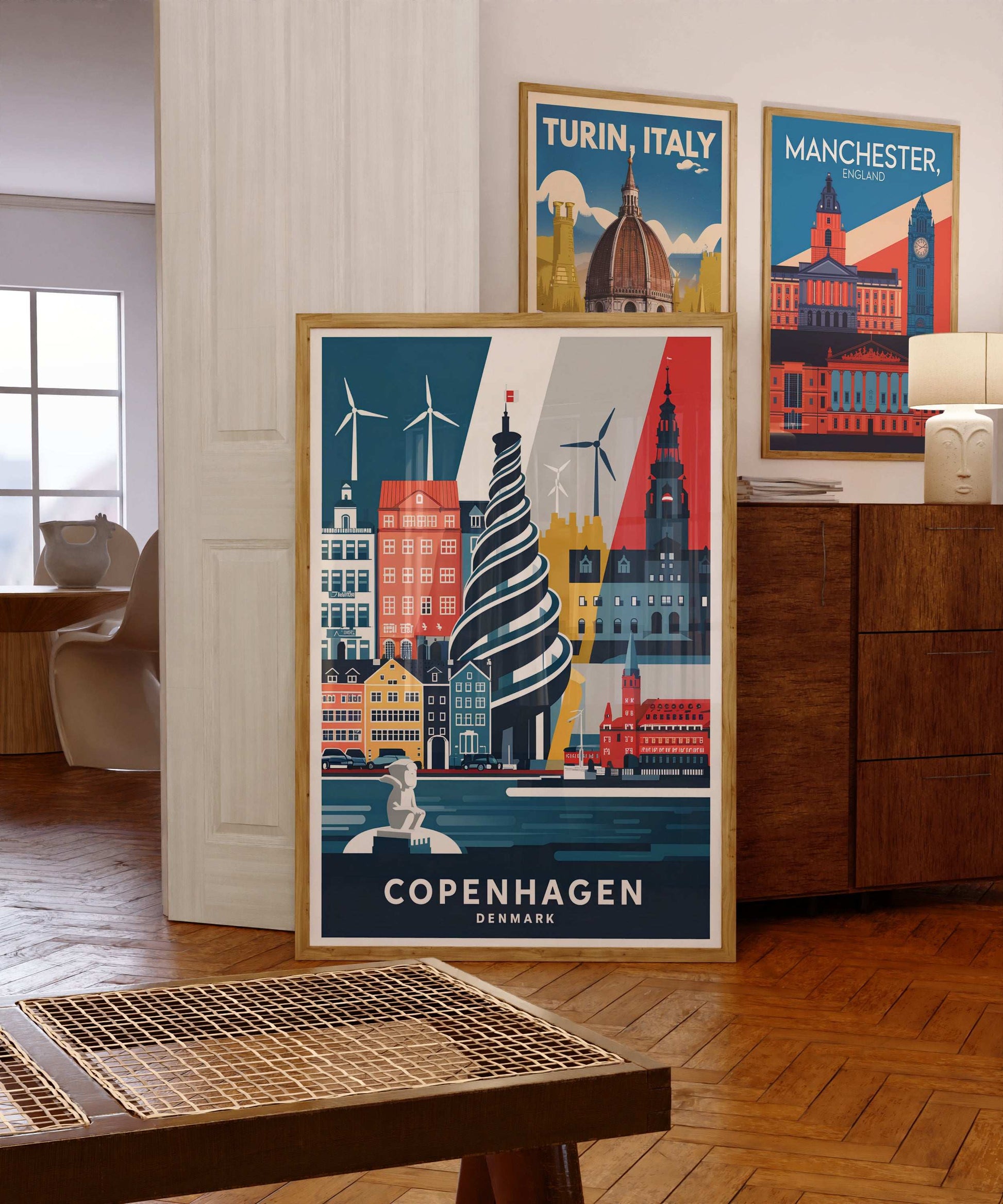 Copenhagen city wall art – spiral tower and wind turbines minimalist poster


