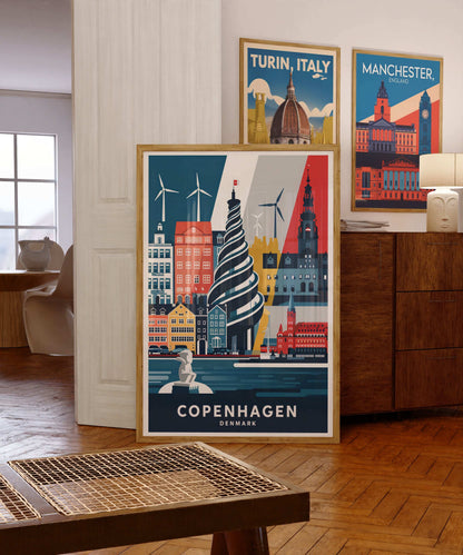 Copenhagen city wall art – spiral tower and wind turbines minimalist poster


