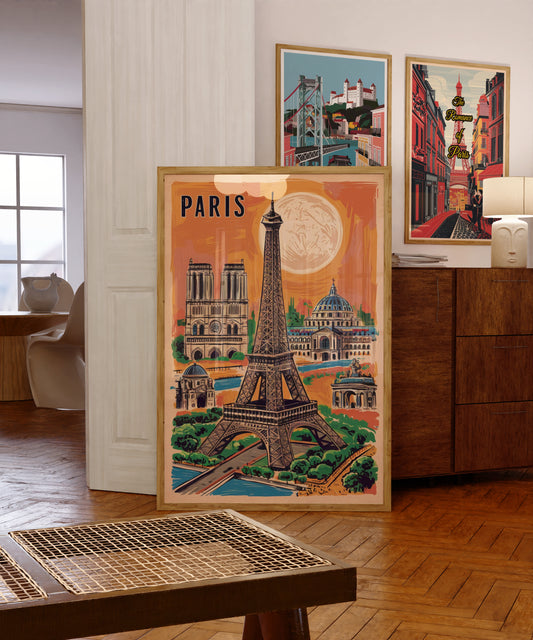 Paris travel wall art with Eiffel Tower and Notre-Dame – retro style printable


