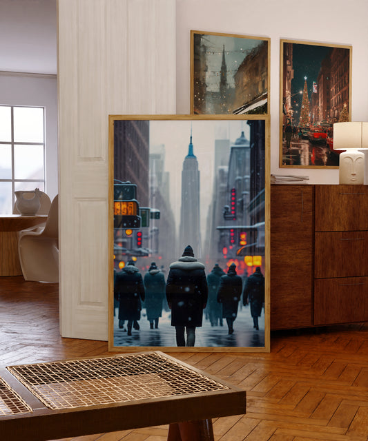 "Magical snowy winter street scene in New York City – holiday decor wall art download"