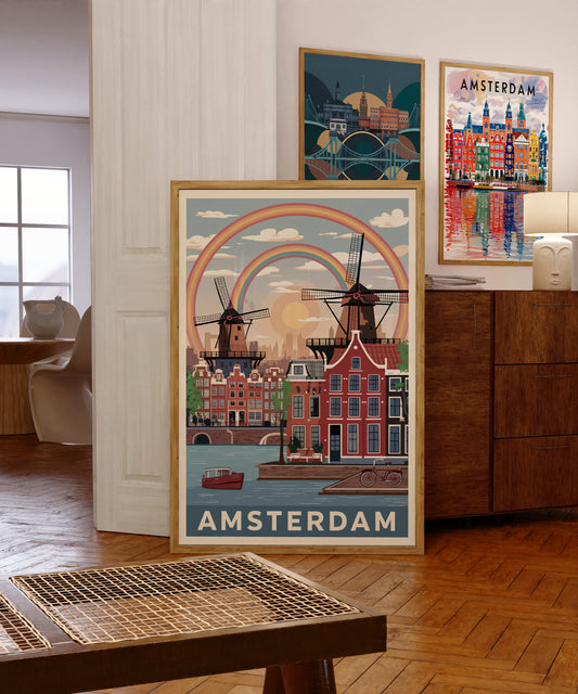 "Vintage Amsterdam cityscape with charming Dutch canals and windmills illustration – printable wall art download"