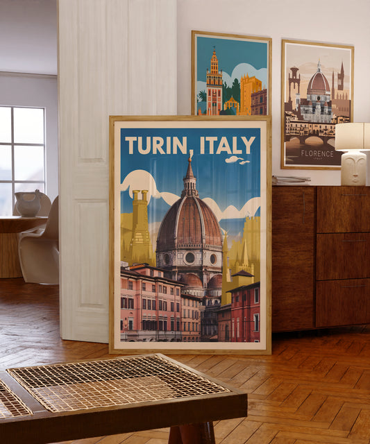 "Vintage-style poster of Turin Dome in Italy – retro architecture wall art for travel and culture lovers"