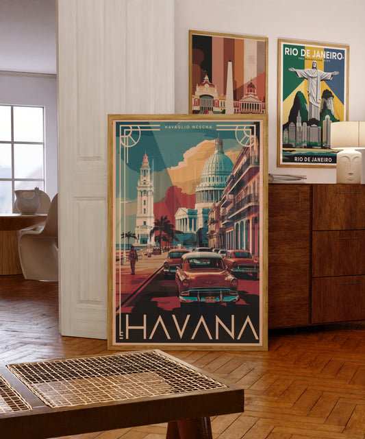 Havana Cuba retro travel poster – classic cars and architecture digital print


