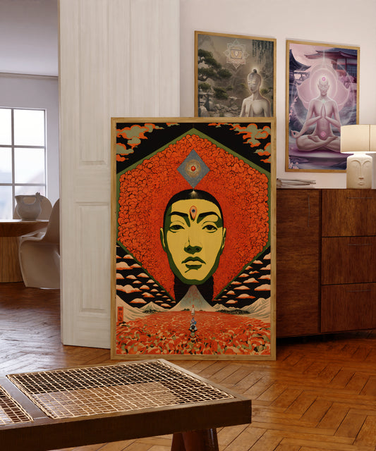 "Vintage Japanese art featuring a surreal third eye design in bold colors – digital wall decor for Zen spaces"

