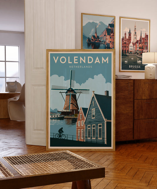 "Iconic Dutch windmills in Volendam, Netherlands – wall art poster for home and office decor"
