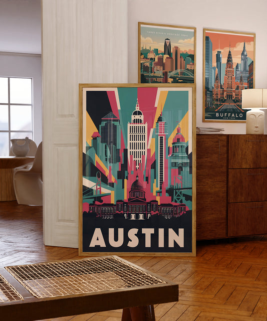 "Vibrant Austin, Texas skyline cityscape – digital wall art poster download''