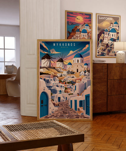 "Iconic windmills and blue domes in Mykonos, Greece – Mediterranean travel wall art download"