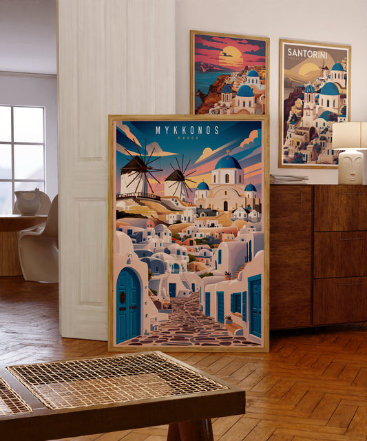 "Iconic windmills and blue domes in Mykonos, Greece – Mediterranean travel wall art download"