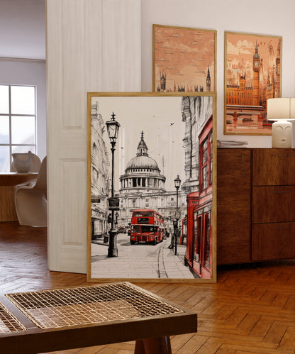 Retro London red bus digital poster – printable city wall art for travel lovers


