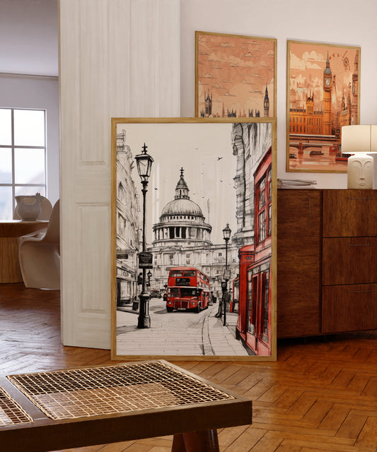 Retro London red bus digital poster – printable city wall art for travel lovers


