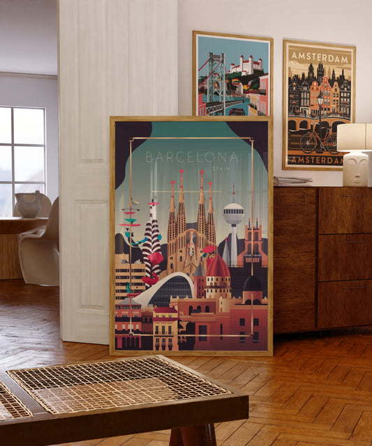 Sagrada Familia Barcelona travel poster – retro printable city wall art


