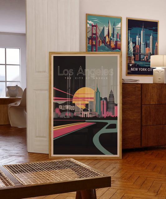 "Vibrant modern cityscape of Los Angeles – digital urban wall art poster download"