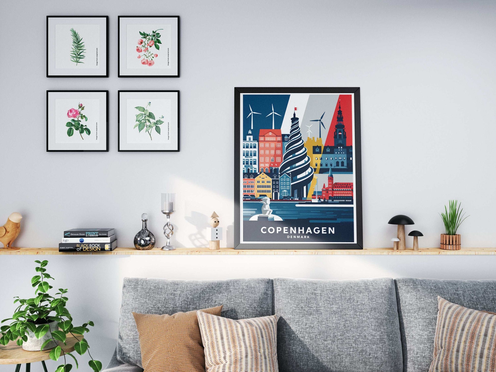 Copenhagen city wall art – spiral tower and wind turbines minimalist poster


