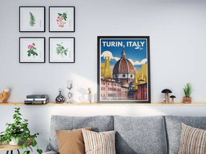 "Vintage-style poster of Turin Dome in Italy – retro architecture wall art for travel and culture lovers"