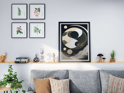 "Elegant gold wave Yin-Yang design symbolizing balance and harmony – luxury digital wall art download"