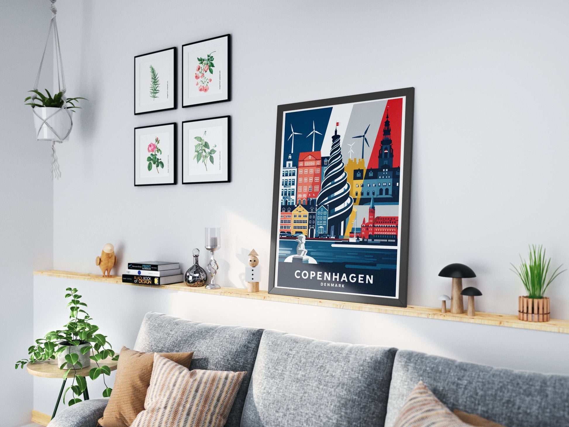 Copenhagen city wall art – spiral tower and wind turbines minimalist poster


