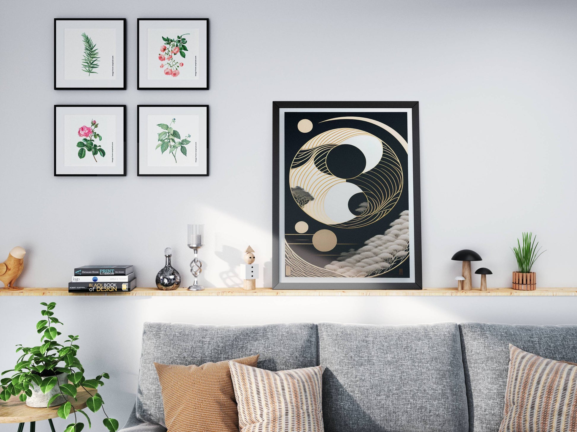 "Elegant gold wave Yin-Yang design symbolizing balance and harmony – luxury digital wall art download"
