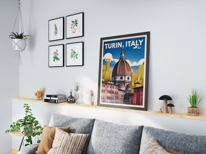 "Vintage-style poster of Turin Dome in Italy – retro architecture wall art for travel and culture lovers"