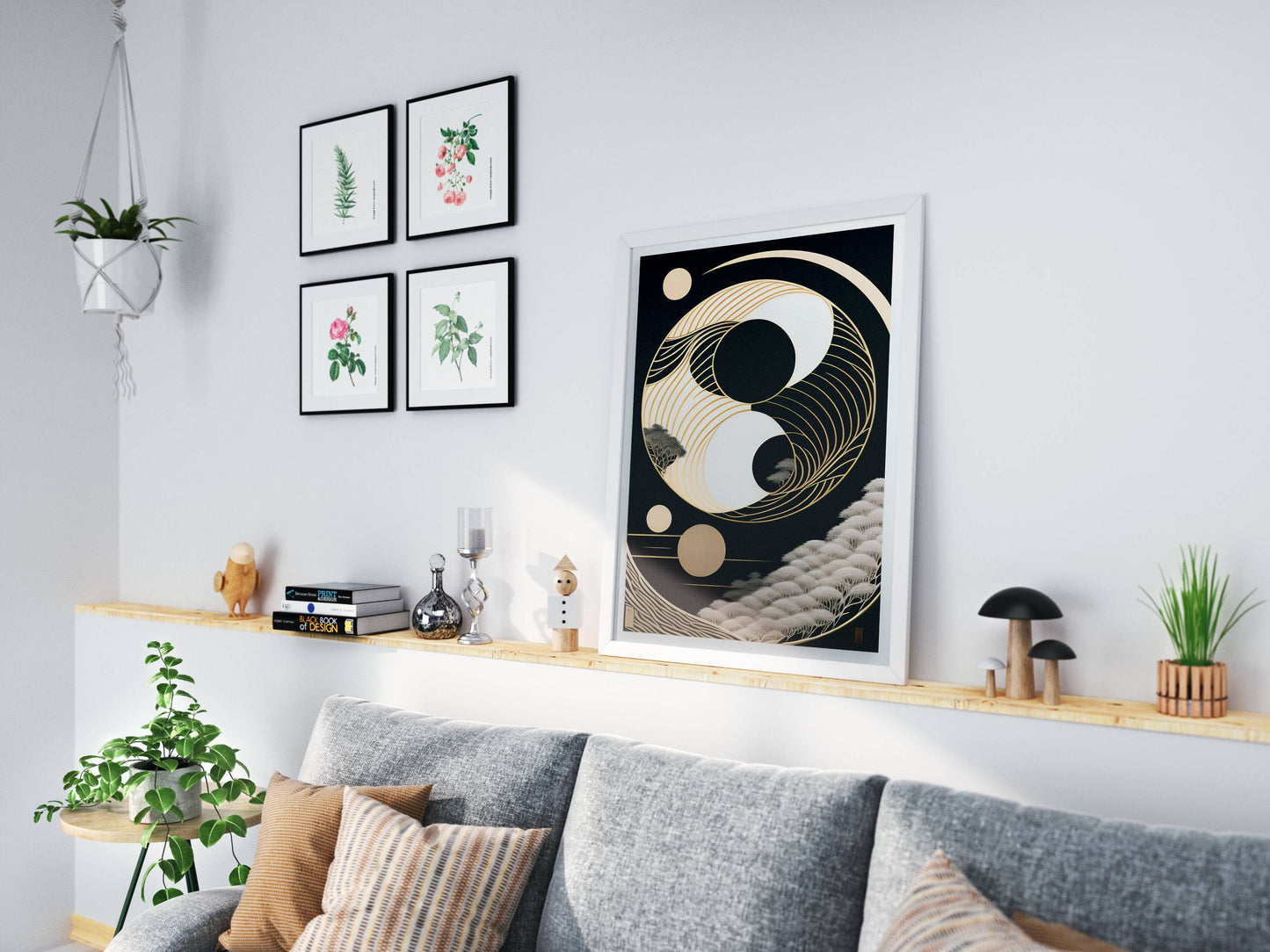 "Elegant gold wave Yin-Yang design symbolizing balance and harmony – luxury digital wall art download"