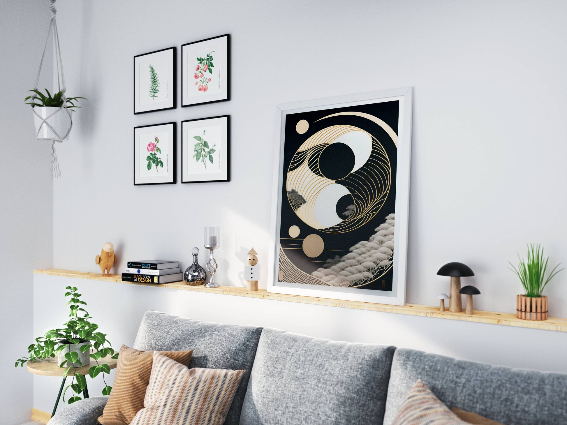 "Elegant gold wave Yin-Yang design symbolizing balance and harmony – luxury digital wall art download"