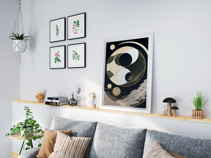 "Elegant gold wave Yin-Yang design symbolizing balance and harmony – luxury digital wall art download"