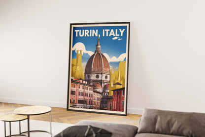 "Vintage-style poster of Turin Dome in Italy – retro architecture wall art for travel and culture lovers"