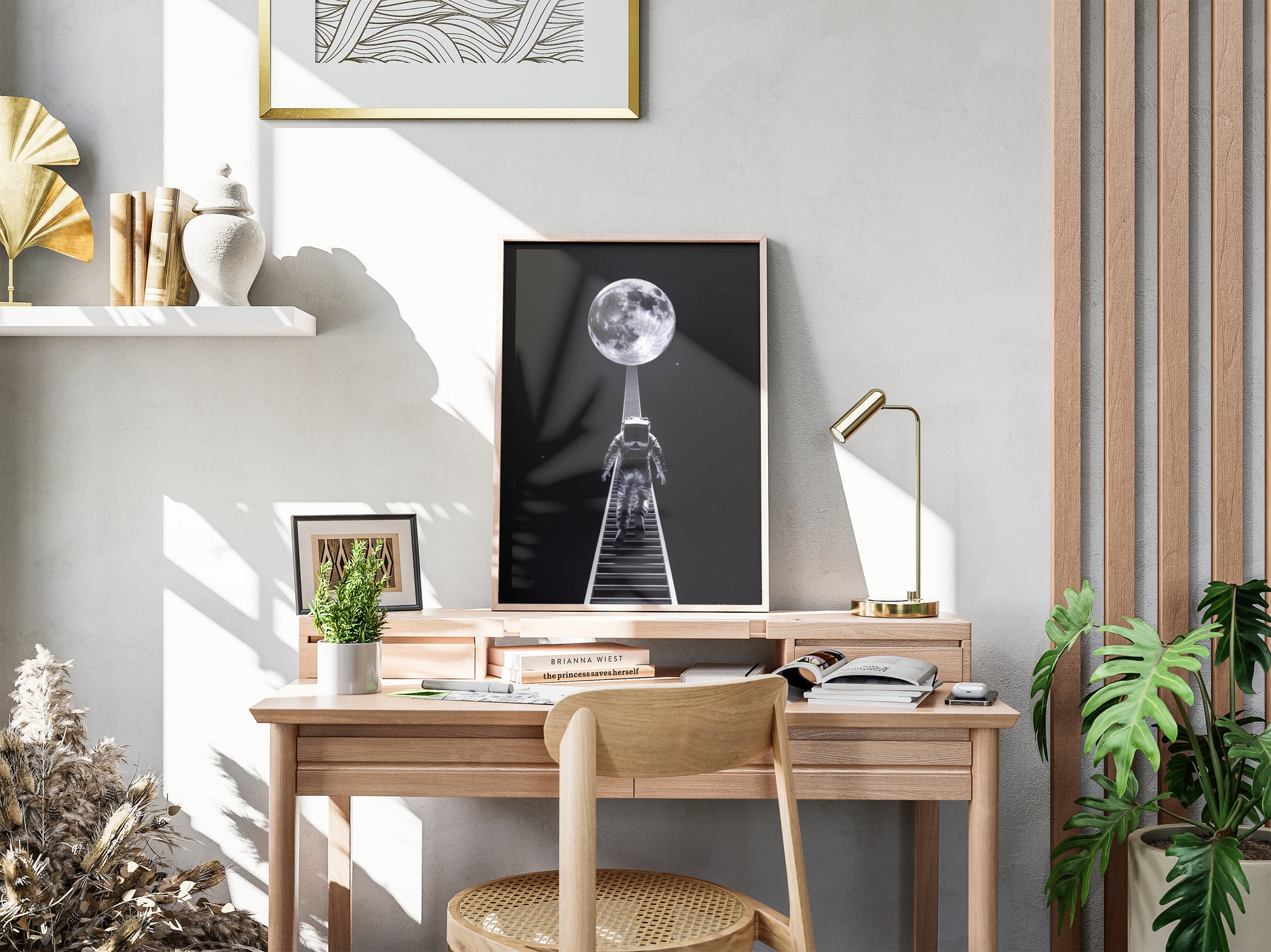 "Surreal astronaut journey to the Moon – digital space wall art poster download"