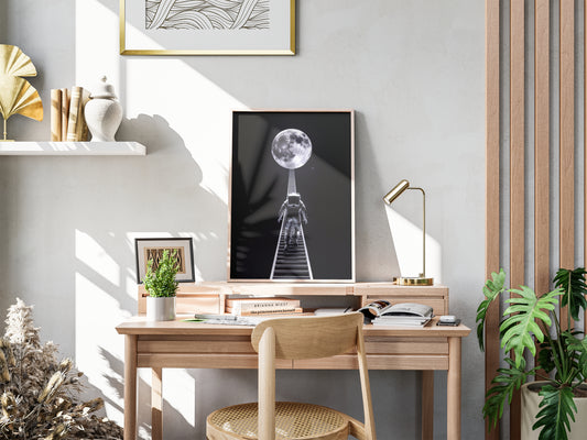"Surreal astronaut journey to the Moon – digital space wall art poster download"