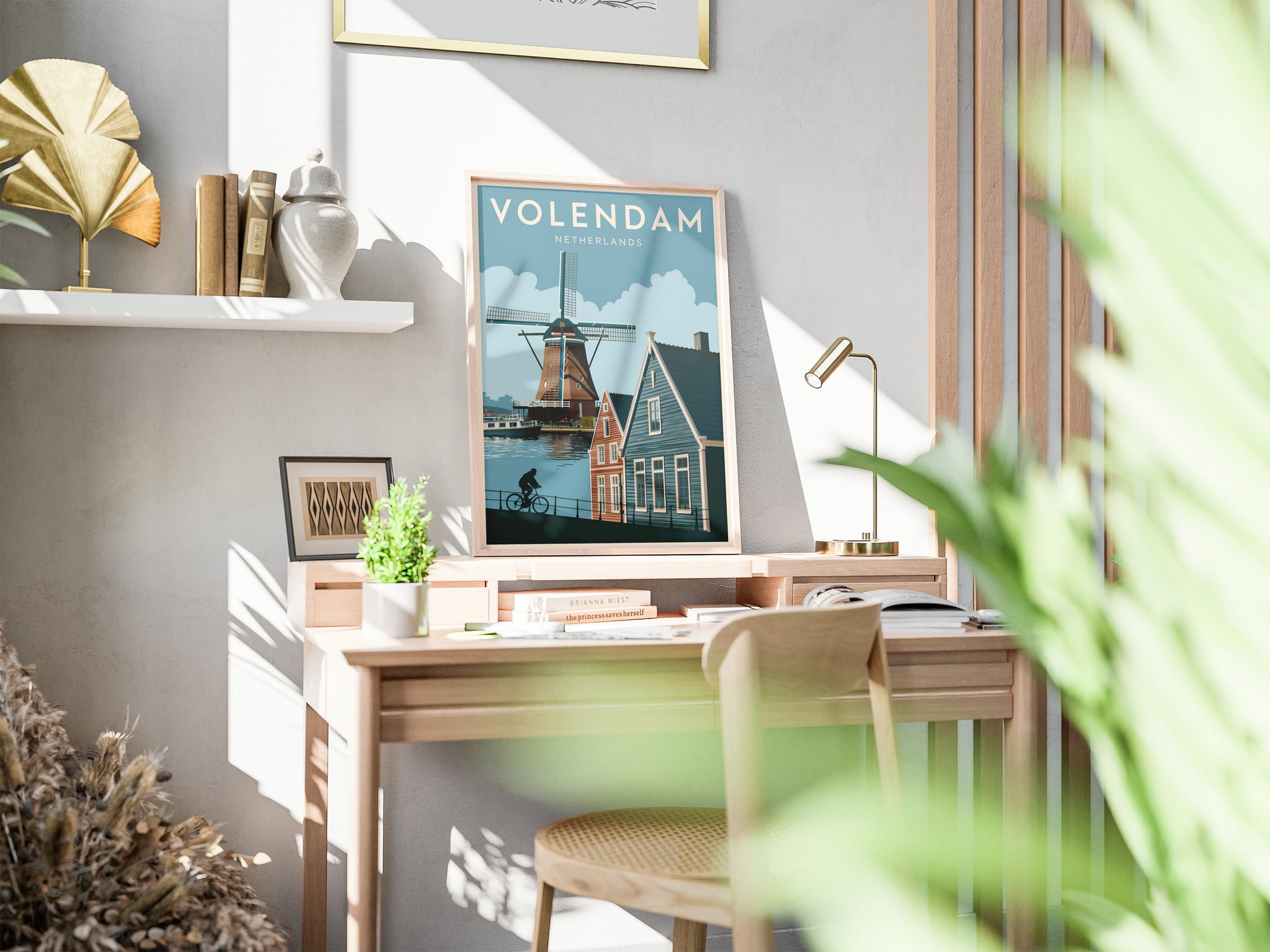 "Iconic Dutch windmills in Volendam, Netherlands – wall art poster for home and office decor"