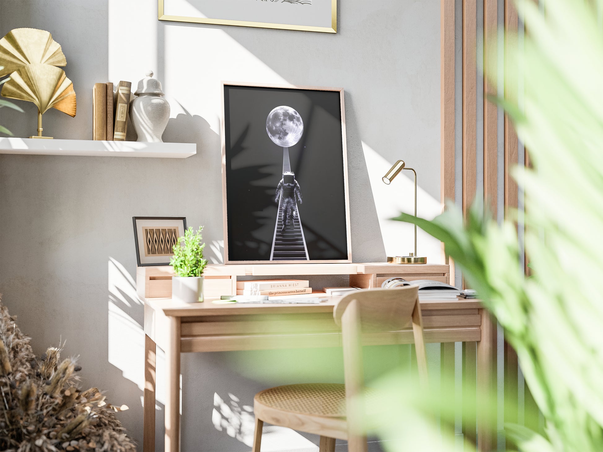 "Surreal astronaut journey to the Moon – digital space wall art poster download"