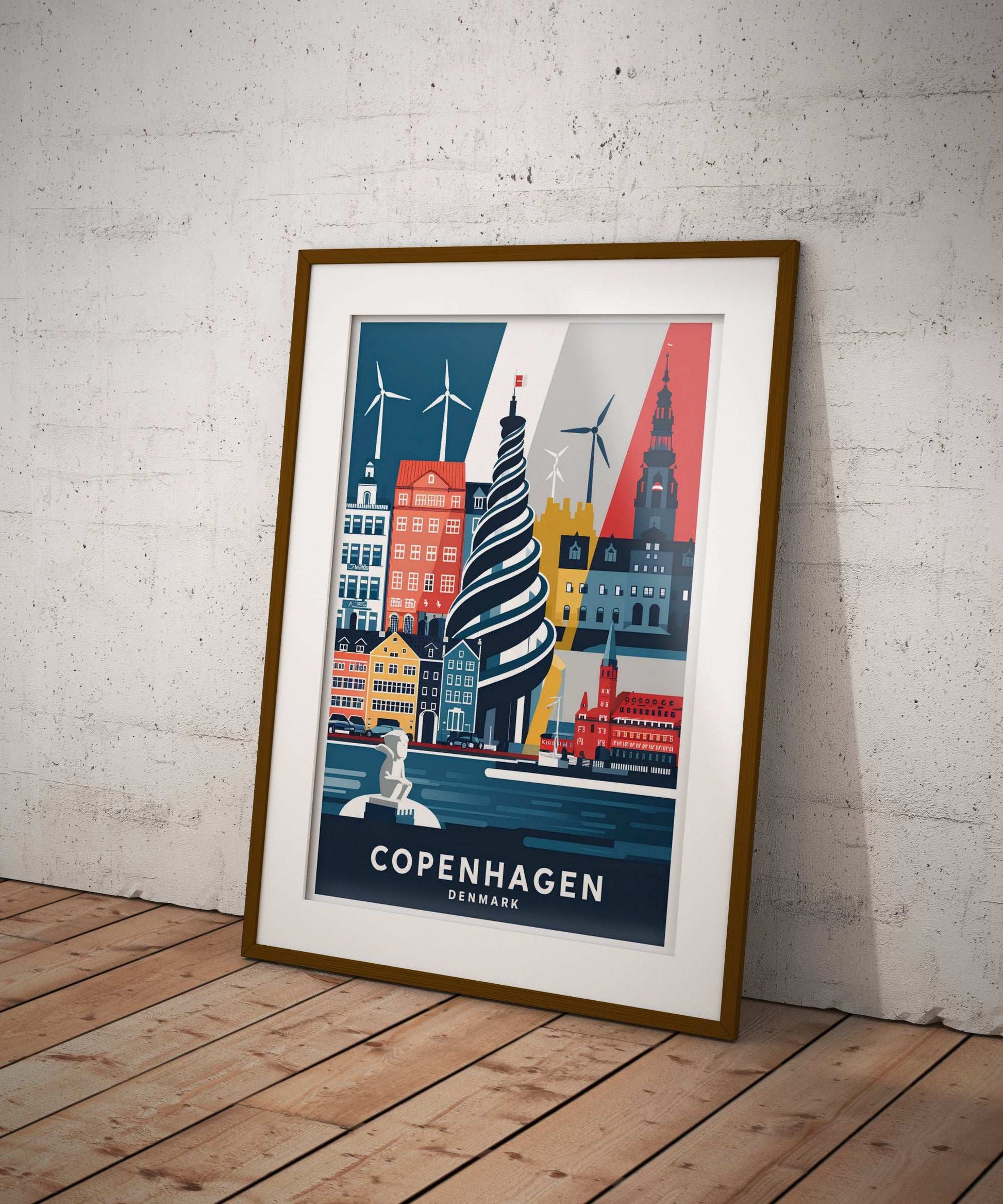 Copenhagen city wall art – spiral tower and wind turbines minimalist poster


