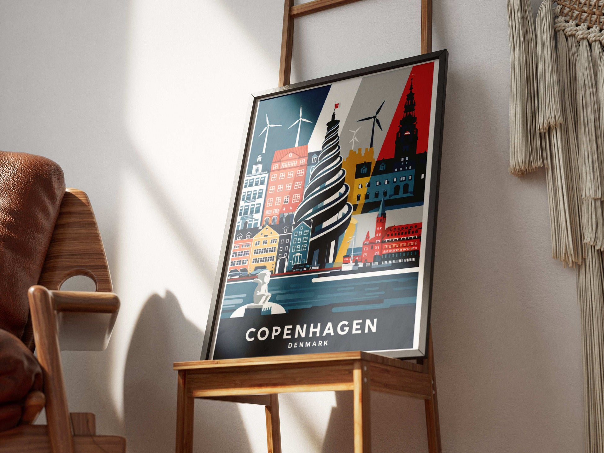 Copenhagen city wall art – spiral tower and wind turbines minimalist poster


