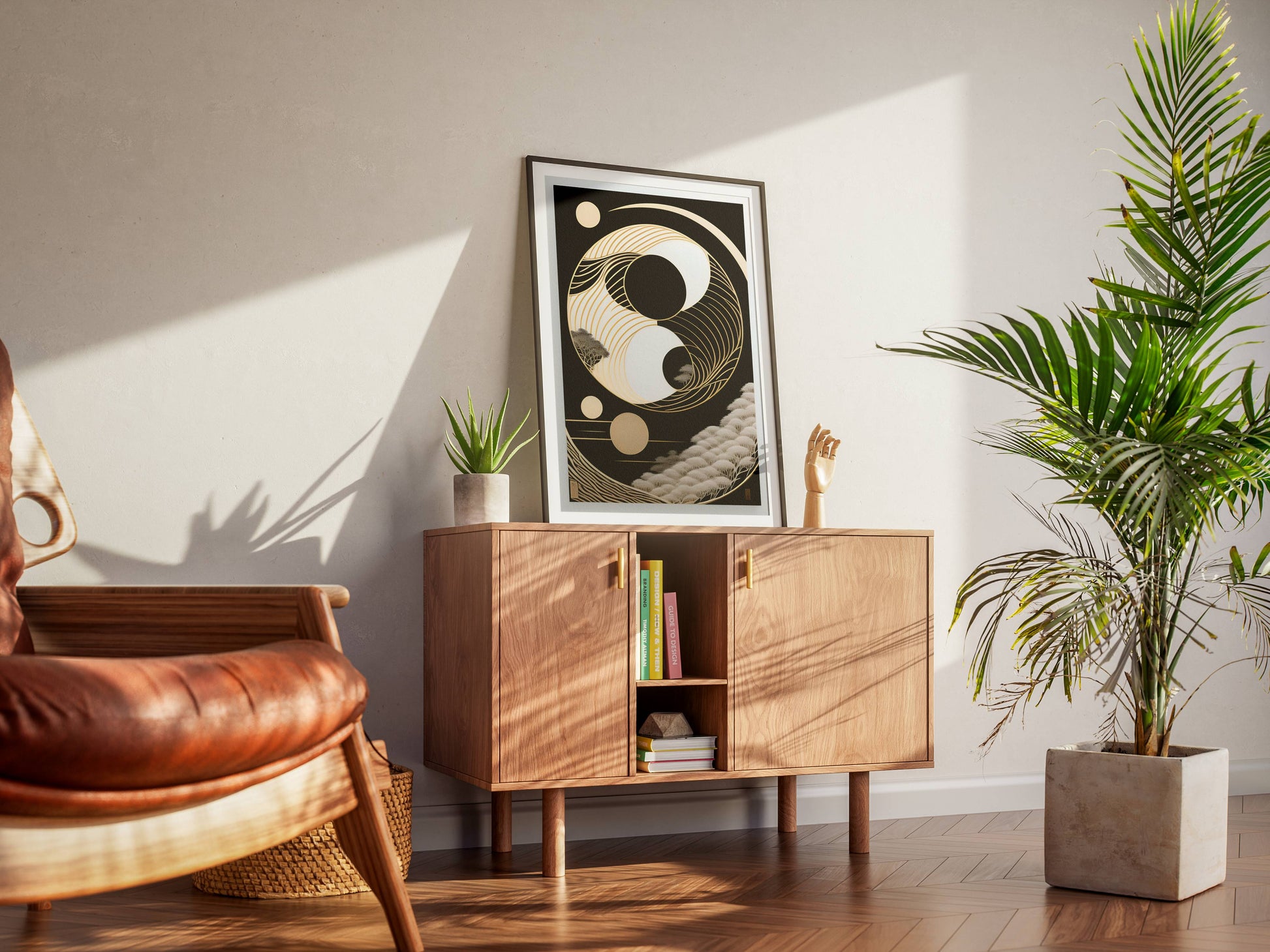 "Elegant gold wave Yin-Yang design symbolizing balance and harmony – luxury digital wall art download"