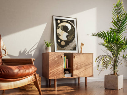 "Elegant gold wave Yin-Yang design symbolizing balance and harmony – luxury digital wall art download"