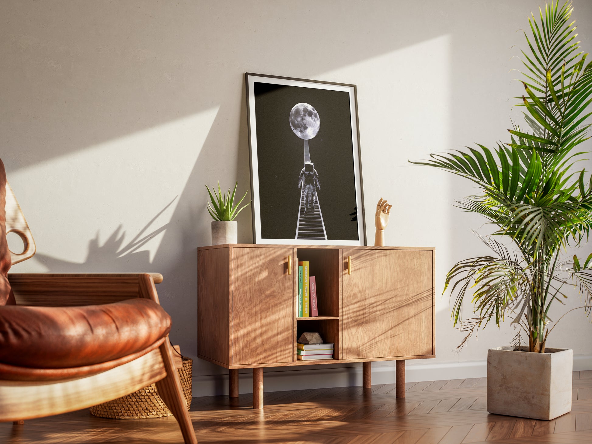 "Surreal astronaut journey to the Moon – digital space wall art poster download"