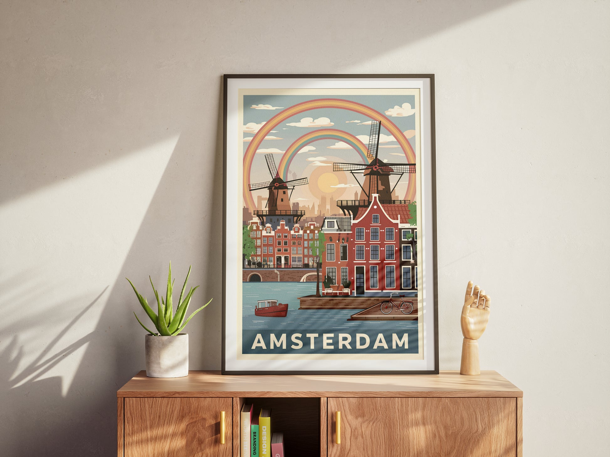 "Vintage Amsterdam cityscape with charming Dutch canals and windmills illustration – printable wall art download"