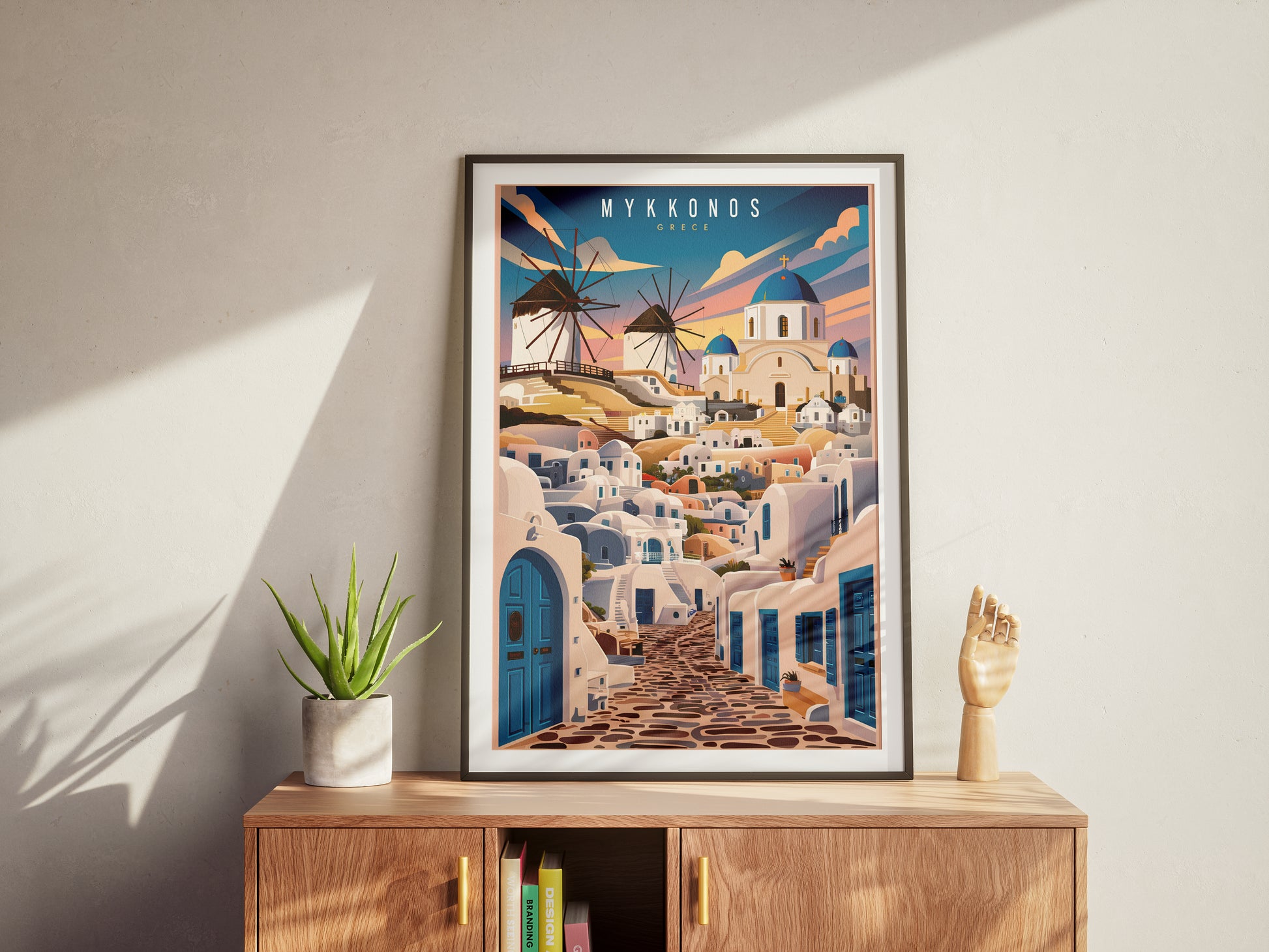 "Iconic windmills and blue domes in Mykonos, Greece – Mediterranean travel wall art download"