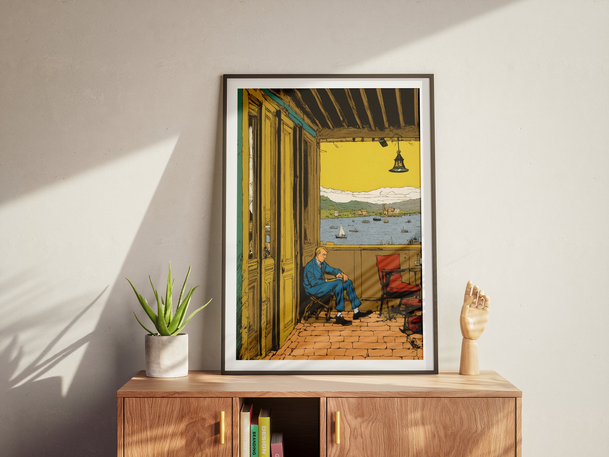 "Vintage pen-and-ink lakeside scene with a thoughtful man – digital wall art poster download"