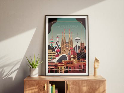 Sagrada Familia Barcelona travel poster – retro printable city wall art


